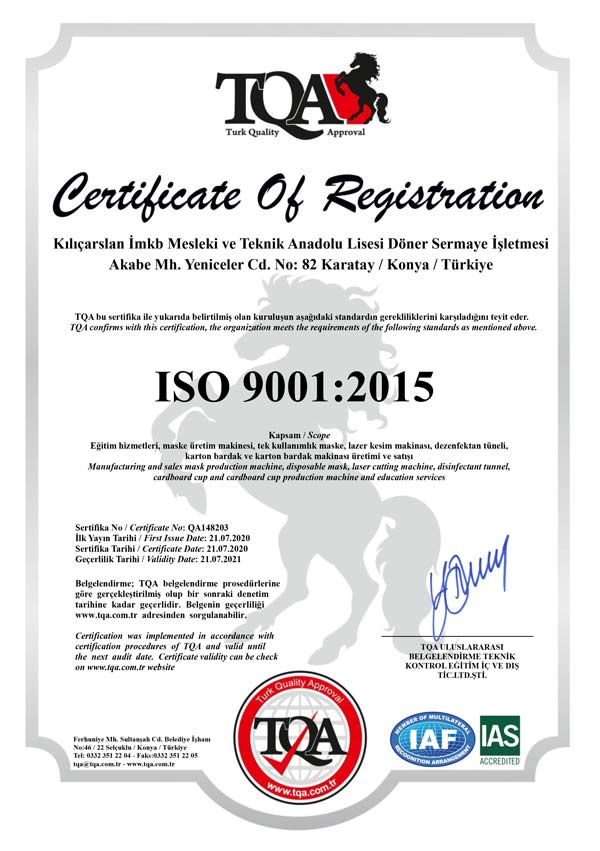 K-TEK ISO 9001:2015 belgesi maske üretim maske makinası
